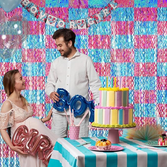 GOER Metallic Tinsel Foil Fringe Curtains Party Photo Backdrop Party Streamers for Birthday,Graduation,Gender Reveal Photo Backdrop Wedding Decor (4 Packs,Pink&Blue)