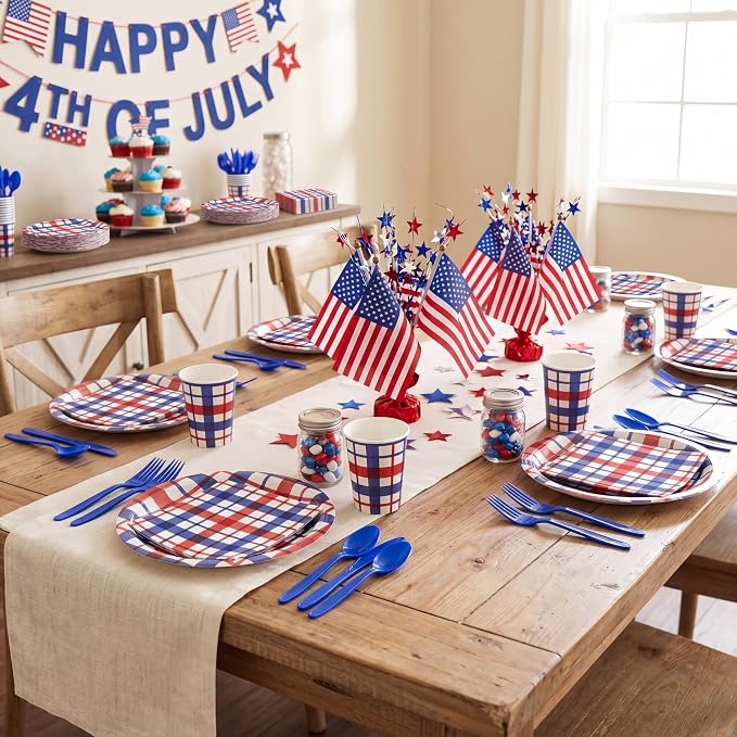 Shellwei 350 Pcs 50 Guests 4th of July Patriotic Tableware Set Red White Blue Buffalo Plaid Disposable Paper Plates, Napkins, Cups & Plastic Utensils for Independence Memorial Day Party Decorations