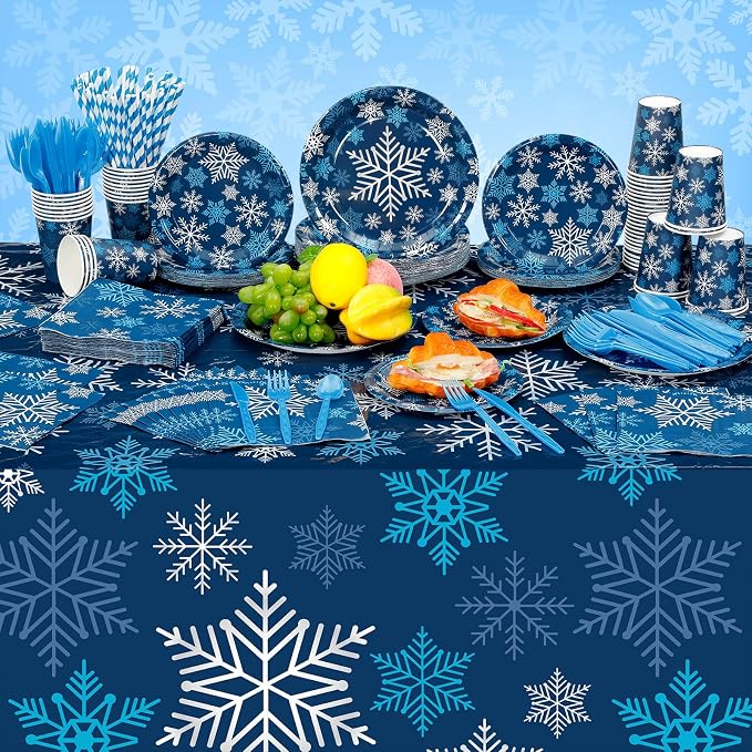 Funnymoom 452 Pcs Winter Dark Blue Snowflake Party Supplies for 50, Blue Silver White Snowflake Paper Plates Napkins Cups Tablecloth Cutlery Straws for Winter Birthday Wonderland Party Decoration