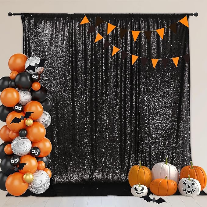 PartyDelight Black Sequin Backdrop 6x8ft 4 Inch Rod Pocket | Dense 3mm sequins on mesh backing with 4 inch rod pocket for full body photos ceremony arches party walls and stage displays