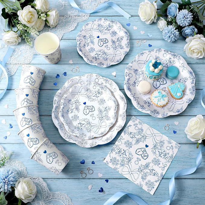 Newtay 250 Pcs Something Blue Disposable Plates and Napkins Bridal Shower Party Tableware Setting for 50 Guests Bachelorette Wedding Party Napkins and Cups Engagement Supplies