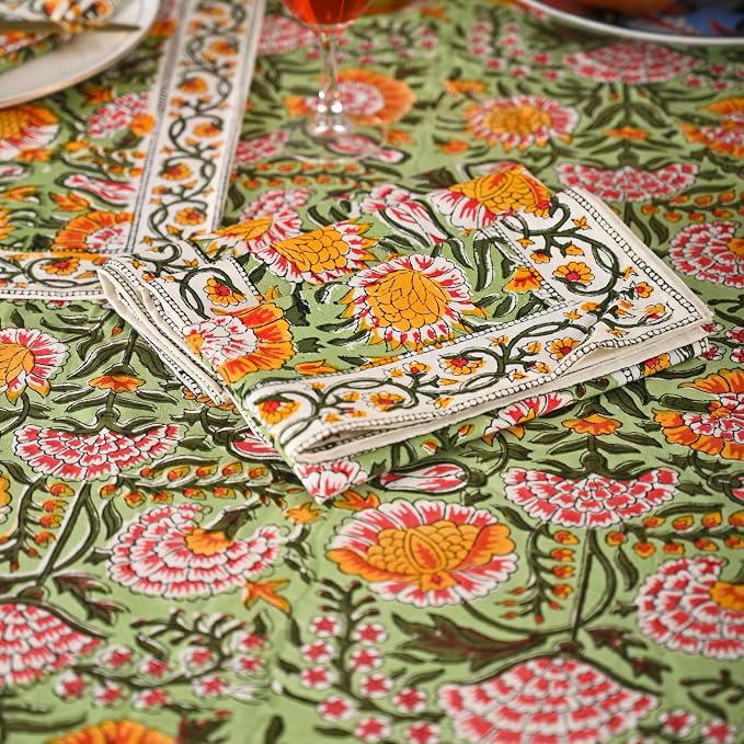 Hand Block Printed Tablecloth, Colorful Floral Print, Indian Artisan Handmade Art, Dining Room, Kitchen, Outdoor Décor, Party Decor, (Daisy Sunshine, 72 Inches Round, 6 Napkins)