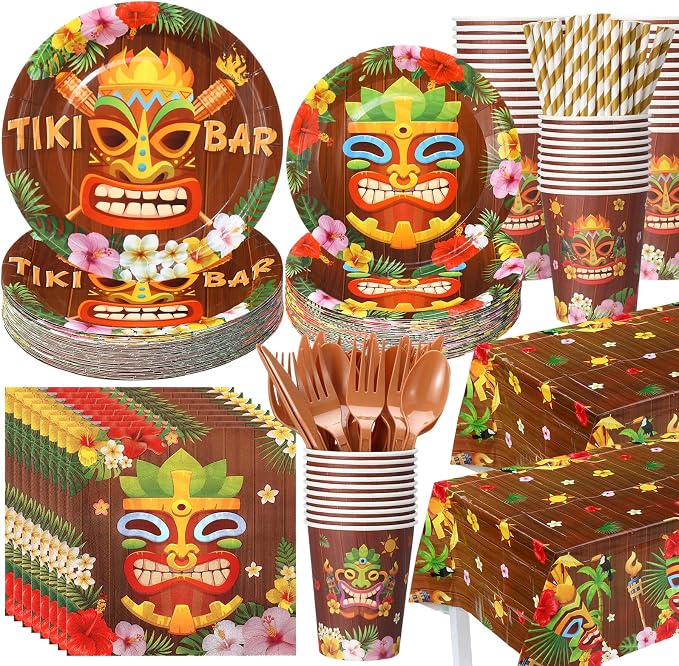Funnymoom 452 Pcs Hawaiian Tiki Party Decorations Include Tiki Paper Plates Napkins Cups Tablecloth Cutlery Straws Hawaii Luau Party Supplies for Tropical Birthday Party Decorations
