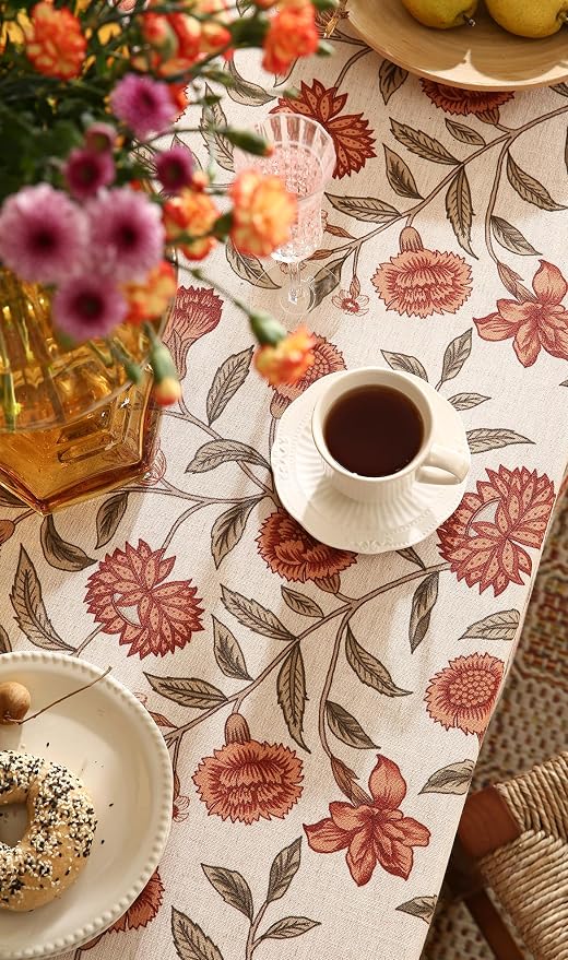 ISAENNE Designer French Linen Rectangular Tablecloth,79"x55"-Alvarado D | Vintage Elegant Beautiful Table Cloth for Rectangle Table,Orange Floral Pattern,Dining Room,Tea Party,Kitchen,Thanksgiving