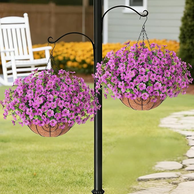 HyeFlora 2 Set Artificial Outdoor Flowers Hanging Basket, Faux Hanging Plants for Outside Spring Decoration, Fake Silk UV Resistant Look Real Daisy for Porch Patio Home Decor