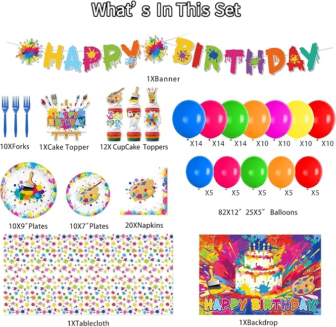 Paint Party Decorations, Art Party Decorations with Balloon Arch Kit, Banner, Backdrop, Tablecloth, Plates, Napkins, Forks, Cake Topper, Cupcake Toppers