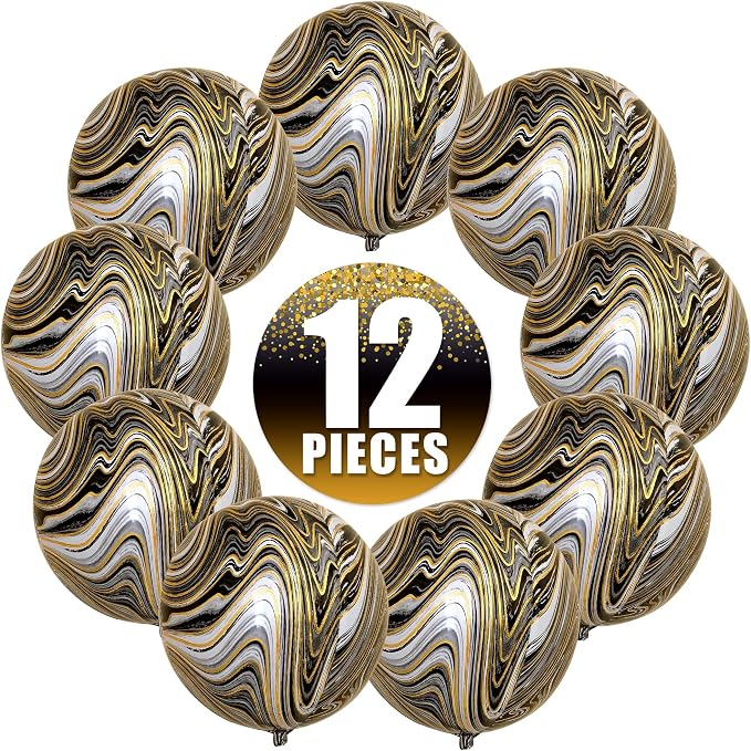 KatchOn, Black and Gold Marble Balloons - Big 22 Inch, Pack of 12 | 4D Marble Black and Gold Balloons for Birthday Party Decorations | Agate Balloons for Retirement, Dance Party Decorations