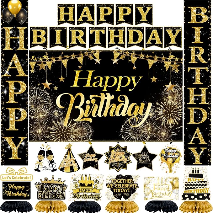 Black and Gold Birthday Decorations Kit for Men and Women, Happy Birthday Banner, Backdrop, Porch Sign, 6 Pcs Honeycomb Centerpieces, 6Pcs Hanging Swirls, Party Supplies (Black Gold For All Ages)