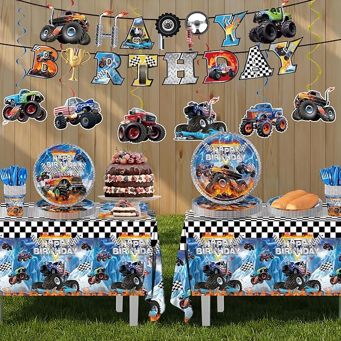 177pcs Monster Truck Birthday Decorations Plates Napkins Disposable Tableware Set Include Plates, Napkins, Cups, Cutlery, Banner, Hanging Swirls, Tablecloth for Monster Truck Party Supplies Serve 24 ﻿