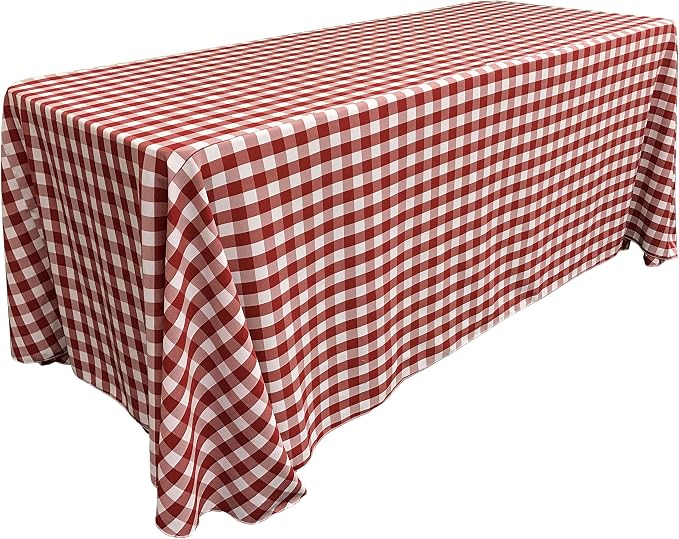 LA Linen TCcheck90x156-RedK98 Polyester Gingham Checkered Rectangular Tablecloth, White & Red - 90 x 156 in.