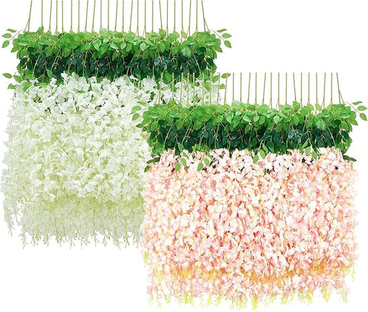 BLEUM CADE 20 Pack White & 20 Pack Pink 3.6Ft/Pcs, Wisteria Hanging Flowers Artificial Decor for Wedding Party Backdrop Home Wall Decora