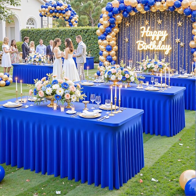 gogoparti 2 Pack Spandex Royal Blue Fitted Table Cloth for 8ft Rectangle Tables Blue Tablecloth Stretch Table Covers Banquet Wrinkle Free Tablecloths Skirt for Parties Wedding