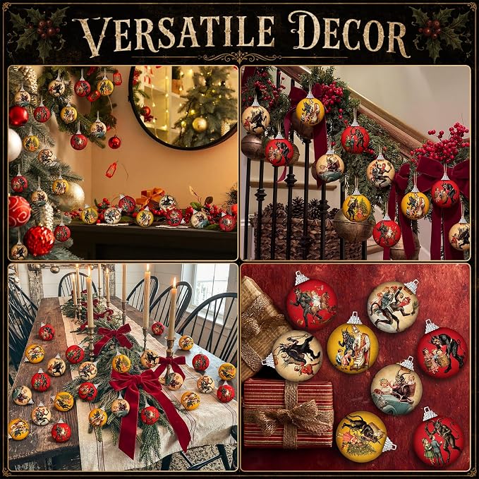 Outus 16 Pcs Vintage Krampus Christmas Ornaments for Tree Vintage Krampus Folklore Decorations Xmas Scary Ball Horror Gothic Dark Christmas Tree Hanging Signs for Home Fireplace Holiday Party Decor