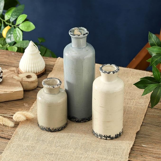 Ceramic Vase Set of 3, Neutral Flower Vases Home Decor, Pottery Rustic Farmhouse Decorative Vases Modern Decor for Table Mantel Entryway Bookshelf Living Room Kitchen Bedroom - Ocean