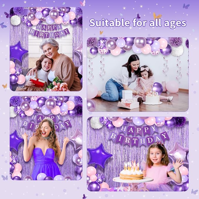 199 Pcs Purple Birthday Party Decorations For Women，Happy Birthday Party Decorations For Girls, 100 Pcs Paper Plates,Napkins and Forks for 20 Guests,Bday Sash and Crown,20 Tableware Sets