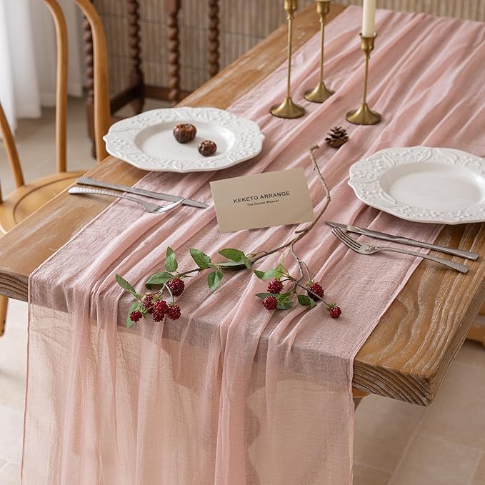 Keketoarrange Dusty Pink Mothers Day Table Runner Cheesecloth Gauze Rustic 120 Inch 10 FT for Wedding Baby Shower Bridal Shower Birthday Engagement Party Long Sheer Boho Spring Summer Home Decorations