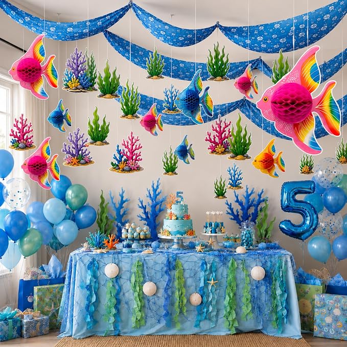 60 Pcs 2026 Under The Sea Party Decoration for Classroom 24" x 13ft Ocean Hanging Ceiling Banner 3D Faux Floating Fish Seaweed Hanging Ornament for Kid Back to School Party Class Decor