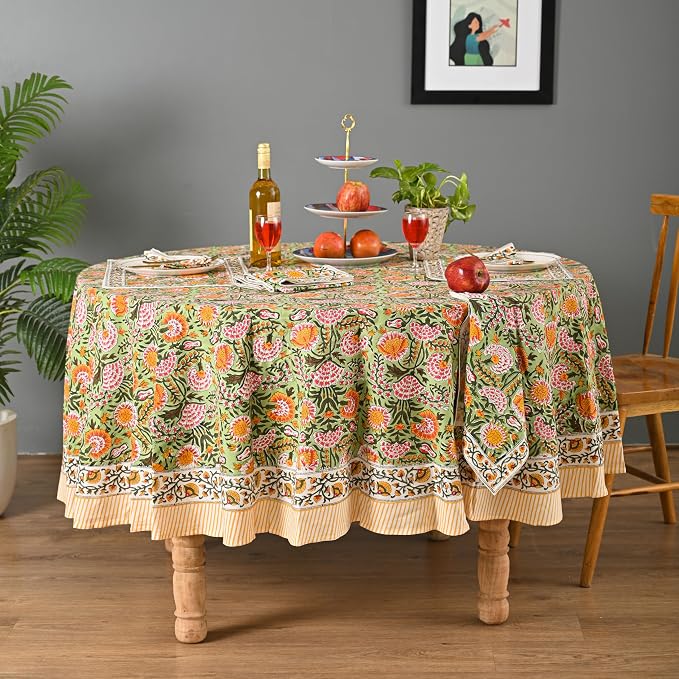 Hand Block Printed Tablecloth, Colorful Floral Print, Indian Artisan Handmade Art, Dining Room, Kitchen, Outdoor Décor, Party Decor, (Daisy Sunshine, 90 Inches Round, 8 Napkins)