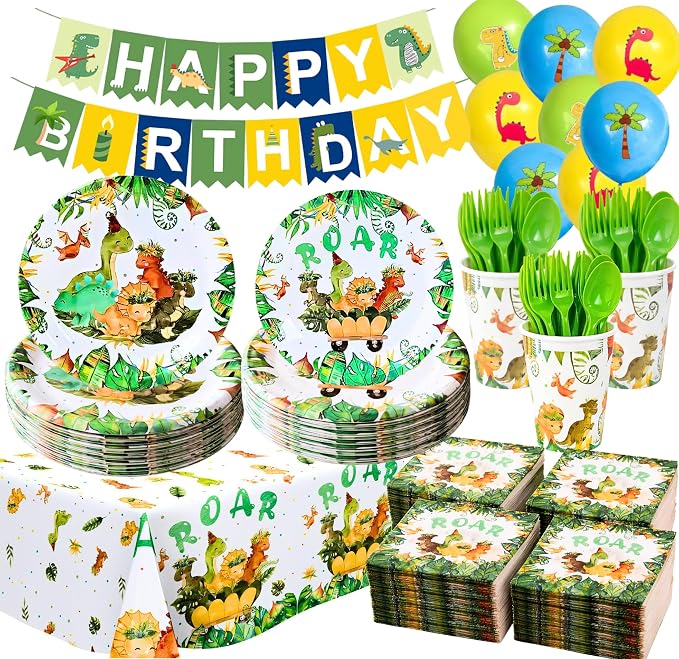 Dinosaur Birthday Party Decorations Set – 119 PCS Dino Theme Party Supplies for Kids, Banner, Balloons, Plates, Cups, Napkins, Tablecloth, Invitations & Cake Toppers