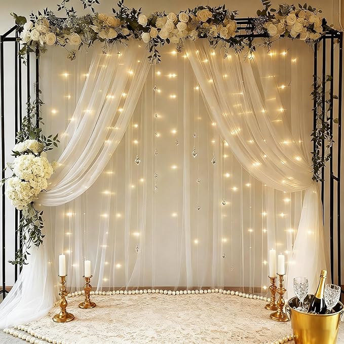 10x10ft White Tulle Backdrop Curtain with Lights String for Parites, Sheer Photo Backdrop Drapes with Lights for Wedding Ceremony Reception Baby Shower Bridal Shower Birthday Party Decorations