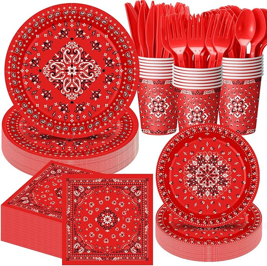 Funnymoom 400 Pcs Western Cowboy Party Supplies for 50 Guests Red Bandana Western Paper Plates and Napkins Knives Spoon Fork Cup Disposable Paisley Farm Dinner Party Set for Baby Shower Birthday