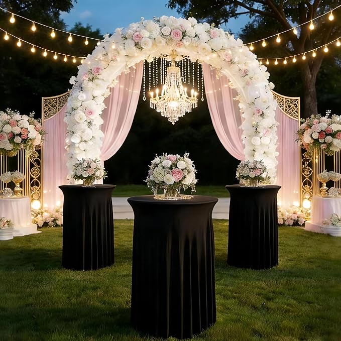 Albassa 4 Pack Cocktail Table Covers 32"x 43" Spandex Stretch Round Cocktail Tablecloths with Wavy Drapes Fitted High Top Bar Table Skirt for Wedding Party Banquet (Black, 4 PCS)