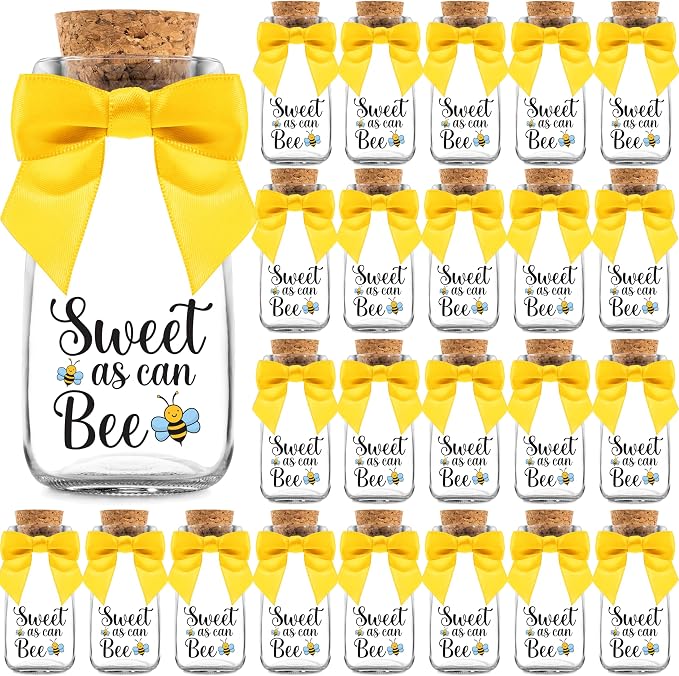 Ethisa Vintage 24 Pack Bee Party Favor Glass Bottles with Ribbons and Stickers - Classy Baby Shower and Birthday Souvenir for Guests and Table Centerpiece Decoration - Sweet as Can Bee Honey Candy Jar