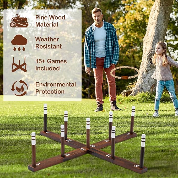 Ring Toss Game for Kids & Adults, Outdoor Yard Games for Adults and Family, Premium Ring Game with 6/10 Rope Rings & Carrying Bag, Perfect for Lawn, Backyard, Beach, Camping