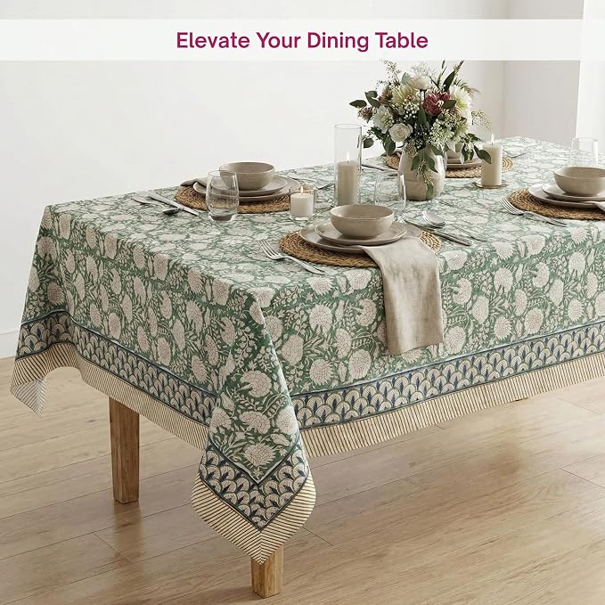 ATOSII Jade 100% Cotton Rectangle Boho Fall Tablecloth, Handblock Floral Table Cloth Linen for Kitchen Dining I Parties Wedding Outdoors Thanksgiving Easter Picnics I 72 X 120 Inches I 10 Seater