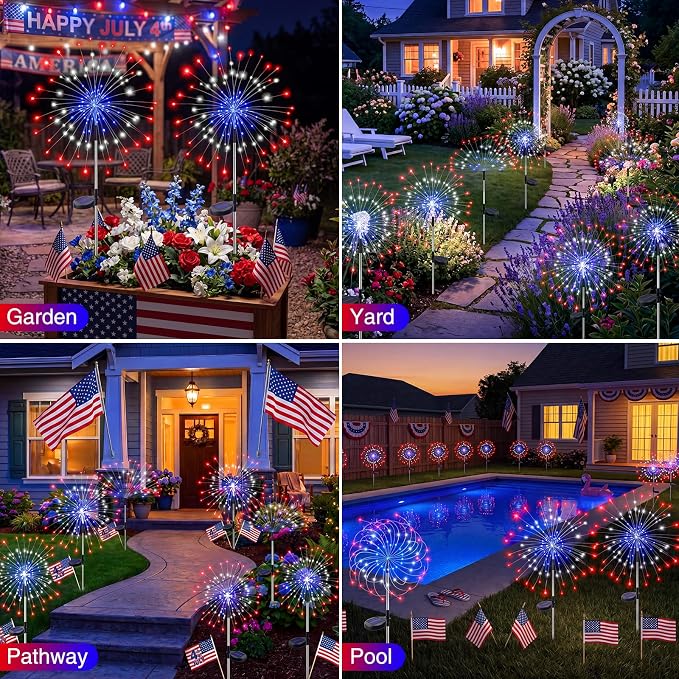 btfarm 4th of July Decorations Outdoor 4 Pack 120LED, Red White Blue Firework Lights Solar Powered, Waterproof Patriotic Garden Light for Independence Day Memorial Day Yard Pathway Lawn Decor