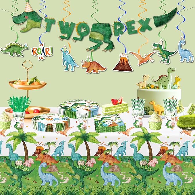 Srua Don Dinosaur 2nd Birthday Party Supplies For Boy, Dino Two Rex Birthday Decorations, Disposable Paper Plates, Cups, Napkins, Tablecloth, Cutlery, Swirls, Banner, Serves 24