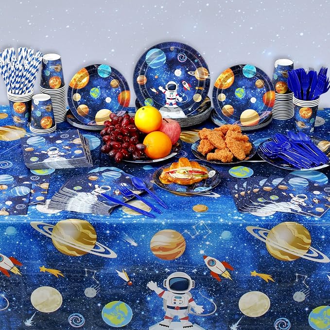 Potchen 452 Pcs Party Supplies Serve 50 Guests, Paper Plates Napkins Cups Cutlery Plastic Tablecloth Dinnerware for Birthday Wedding Party Decoration(Dark Blue, Space)