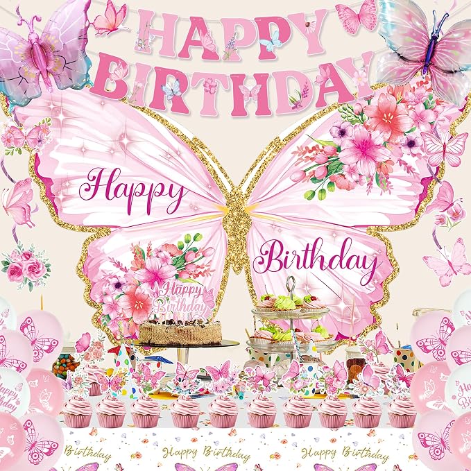 Roetyce Butterfly Birthday Decorations Girls, Pink Happy Birthday Banner Backdrop Balloons Hanging Swirls Cake Topper Kit for Home Party, Women Butterfly Themed Party Suppiles Photo Background