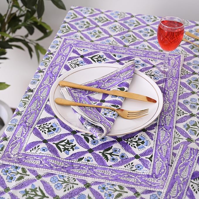 Hand Block Printed Tablecloth, Colorful Floral Print, Indian Artisan Handmade Art, Dining Room, Kitchen, Outdoor Décor, (Royal Purple Flora, 12 Seater 72 x 135 Inches Rectangle)