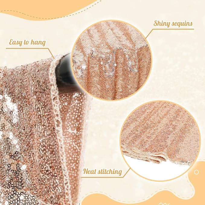 PartyDelight Rose Gold Sequin Backdrop 5x10ft 2 Panels 4 Inch Rod Pocket | 3mm stitched rose gold sequins on mesh backing with 4 inch rod pocket for wide reception walls head tables stages and layered