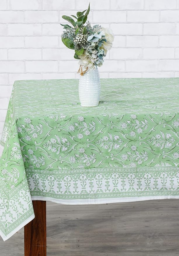 Ridhi Pear Green Hand Block Print Cotton Rectangle Tablecloth 108" x 70" inches Reusable Table Cover Decorative Everyday Use for Dining Room, Farmhouse, Home Gift for Spring, Mother's Day