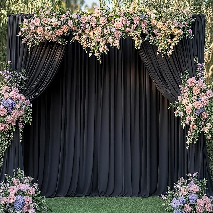 50ftx14FT Wrinkle Free Black Backdrop Curtain, 10 Panels 14FT Height Black Wedding Backdrop Drapes, Silky Polyester Back Drop Cloth for Birthday Photography Background Party Backdrop Draping