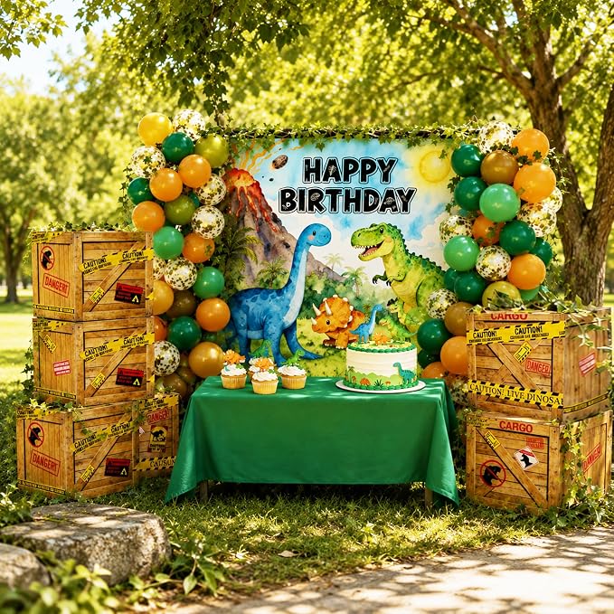 Dinosaur Birthday Party Decorations 119 PCS – 7x5FT Dino Backdrop with 105 Balloon, 6 Dino Boxes, Tablecloth, Ivy Vines & Jungle Theme Birthday Party Supplies for Kids