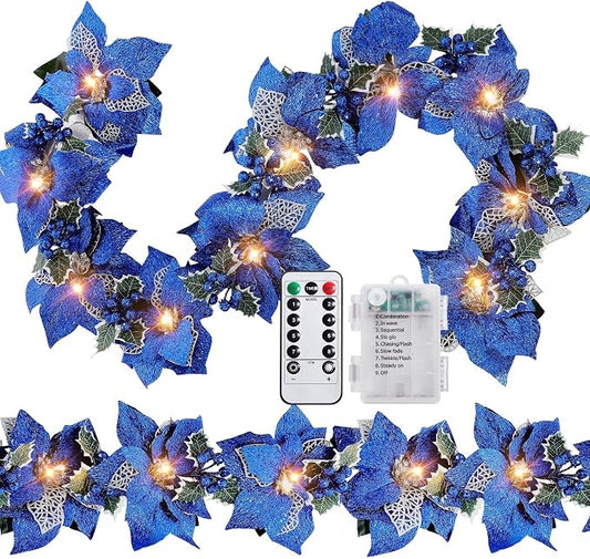 Zubebe 2 Pcs Prelit Poinsettia Christmas Garland with String Lights Glitter Holly Leaves Berries Remote Timer 8 Modes 6.5 ft Lighted Flower Garland Battery Operated Indoor Outdoor Decor(Blue)