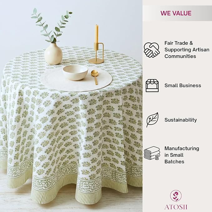 ATOSII Ivy Green 100% Cotton Round Boho Fall Tablecloth, Handblock Floral Table Cloth Linen for Kitchen Dining I Parties Weddings Outdoors Picnics Easter Mothers Day I 60" Inches Round I 4 Seater
