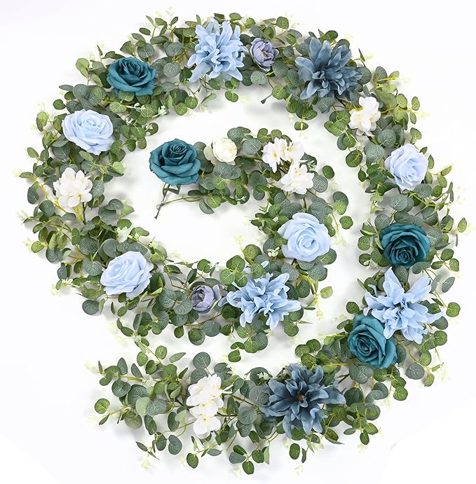 Waipfaru 8.85Ft Flower Garland, Eucalyptus Greenery Garland with Flowers, Rose Floral Vines for Wedding Table Runner Spring Summer Backdrop Decor (Dusty Blue)