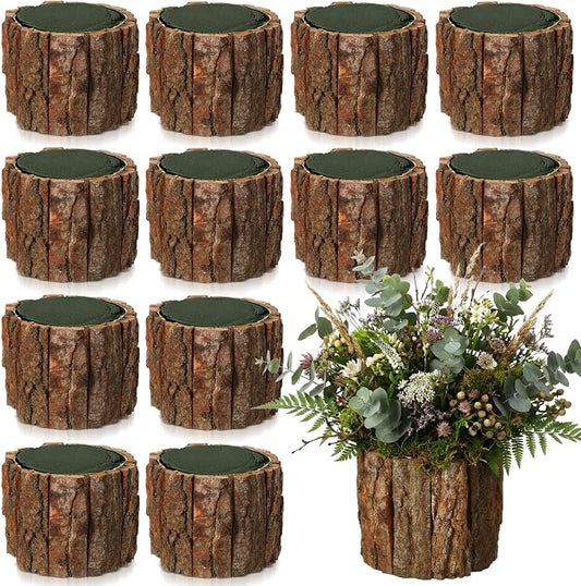 12 Set Wooden Vase for Centerpieces Wedding Flower Table Centerpieces Decor Rustic Bark Stump Bucket Farmhouse Wood Planter Pot for Woodland Party Window Home (Flower Foam,Large)