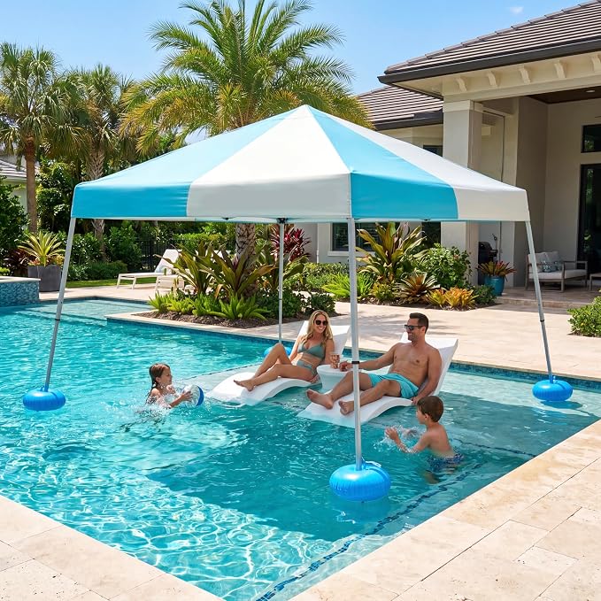 SUNJOY 10x10 FT Floating Pool Canopy Pop Up Gazebo, Gray and Light Blue Water Tent with Steel & Aluminum Frame, PVC Floats, Hand Pump & Carry Bag for Lake, Beach, Pool