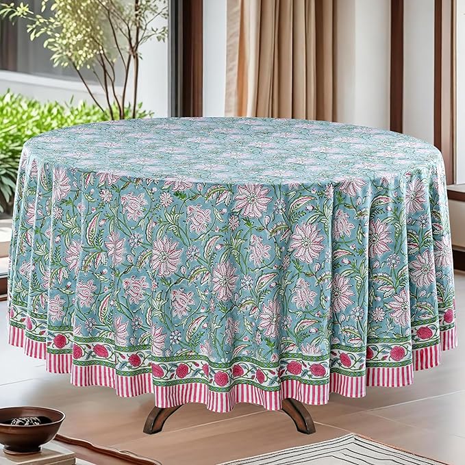 Ridhi Round Tablecloth Hand Block Print 100% Cotton Reusable Turquoise Blue 120 Inch Table Cover Decorative Everyday Use for Dining, Home, Party, Wedding, Farmhouse Gift for Spring, Mother's Day