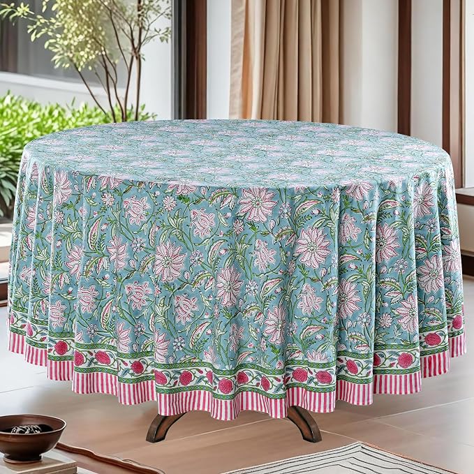 Ridhi Round Tablecloth Hand Block Print 100% Cotton Reusable Turquoise Blue 110 Inch Table Cover Decorative Everyday Use for Dining, Home, Party, Wedding, Farmhouse Gift for Spring, Mother's Day