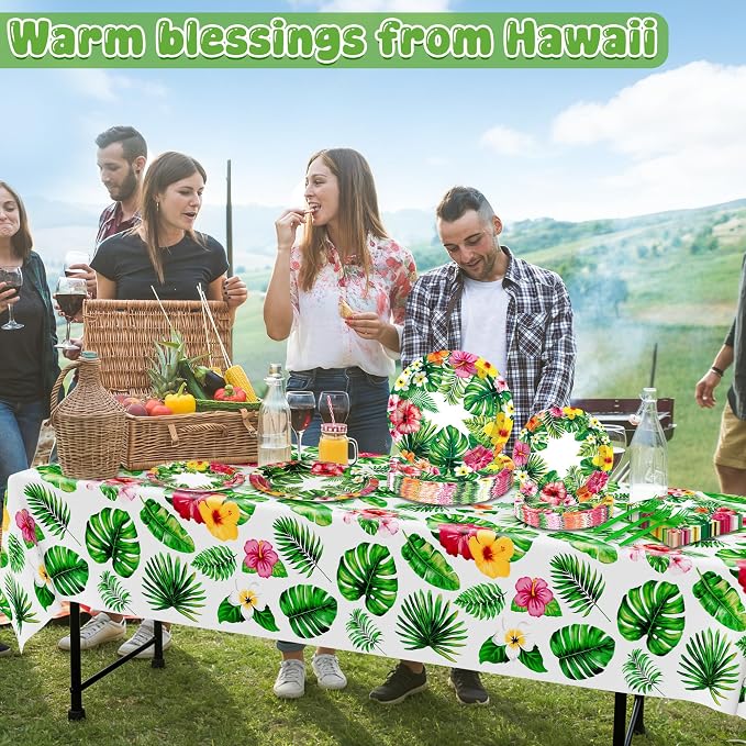 QZYL 122Pcs Luau Party Decorations, 30 Sets Paper Luau Plates and Napkins, Disposable 9" and 7" Hawaiian Party Decorations, Rectangle Hibiscus Palm Leaf Tableware for Summer Holiday Hawaiian Supplies