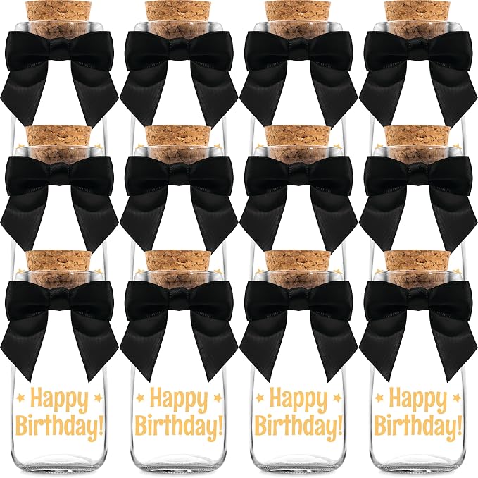 Ethisa Vintage 12 Pack Adult Birthday Party Favors Glass Bottles with Ribbons and Stickers - Classy Happy Birthday Favors and Table Centerpieces Decorations - Sturdy Candy Jar for Guests and Kids