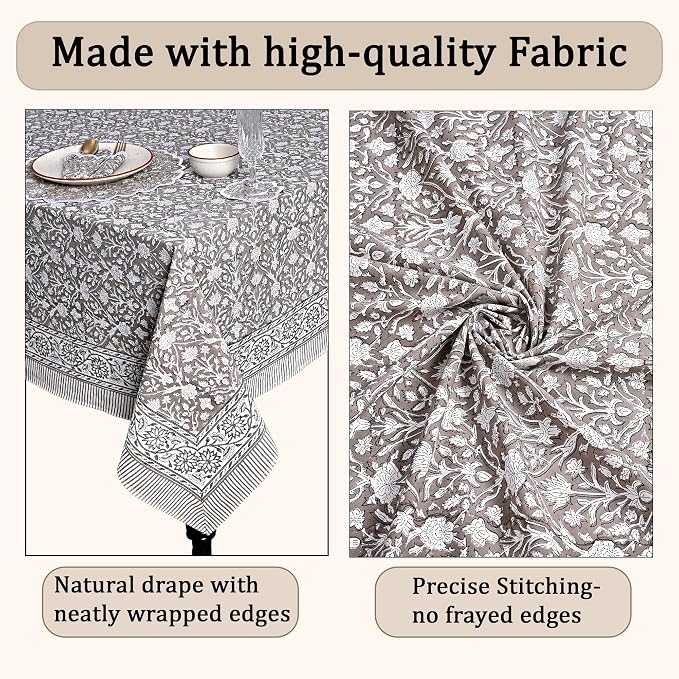 Ridhi Taupe Hand Block Print Cotton Rectangle Tablecloth 160" x 72" inches Reusable Table Cover Decorative Everyday Use for Dining Room, Farmhouse, Home Gift for Spring, Mother's Day