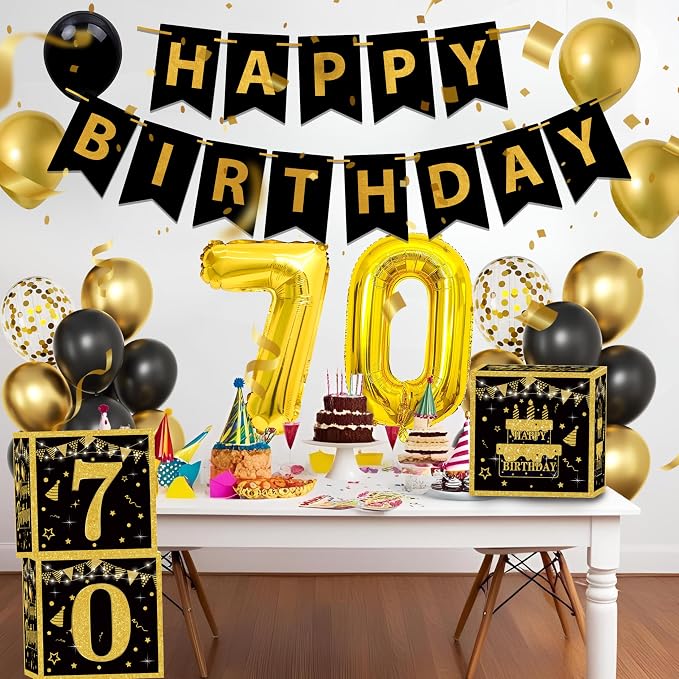Gold 70th birthday decorations Kit for Men,3pcs birthday Decorations for Men boys black and gold Balloon Boxes Birthday Party Favors