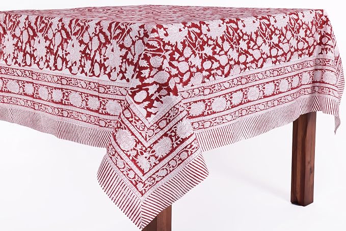 ATOSII Meraki Red 100% Cotton Tablecloth, Handblock Print Rectangle Table Cover for Kitchen Dining I Tabletop Linen I Parties, Thanksgiving, Christmas, Wedding, Fall Table Cloth 60 X 90 Inches